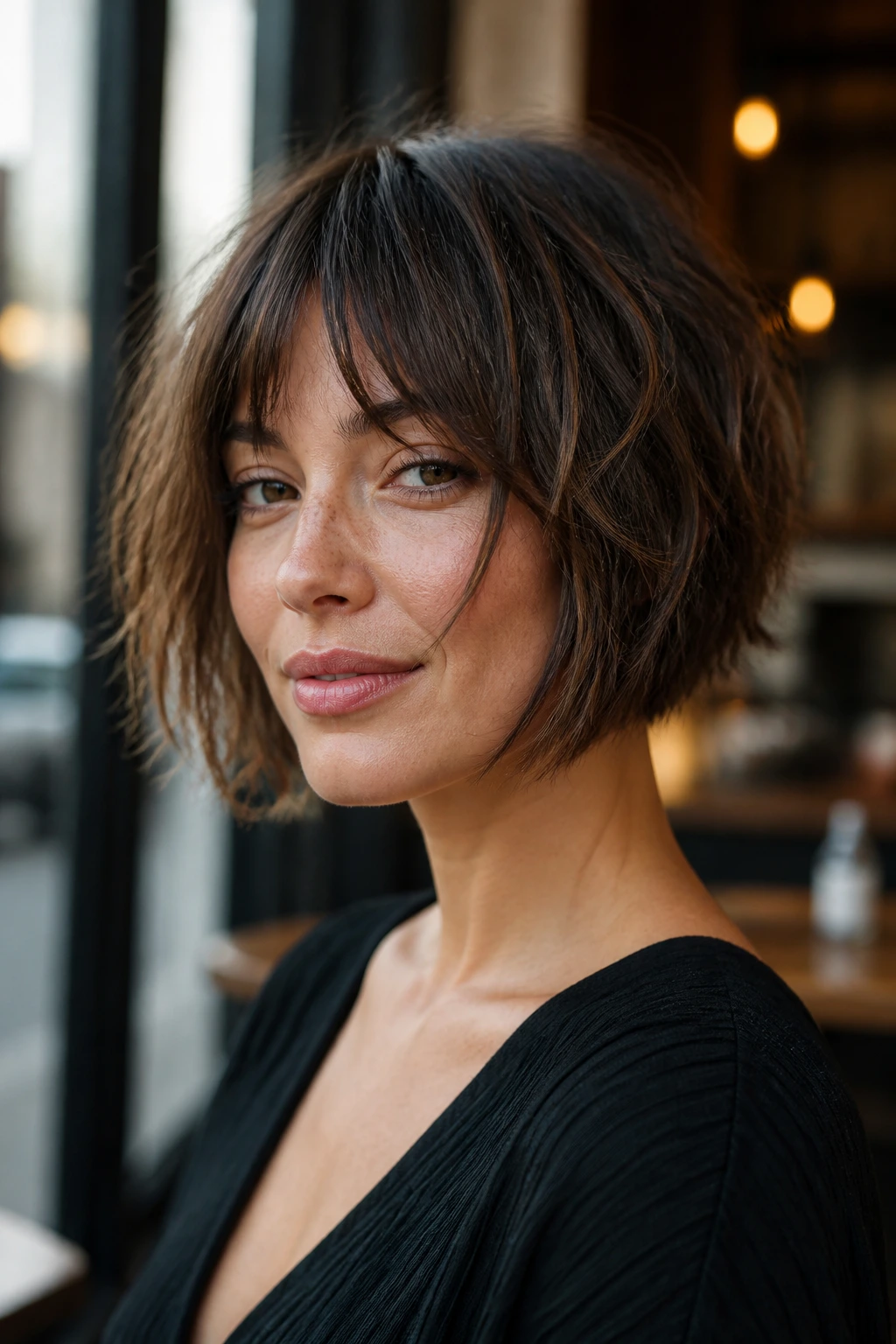 Real woman with choppy bob showing uneven ends and texture in natural light