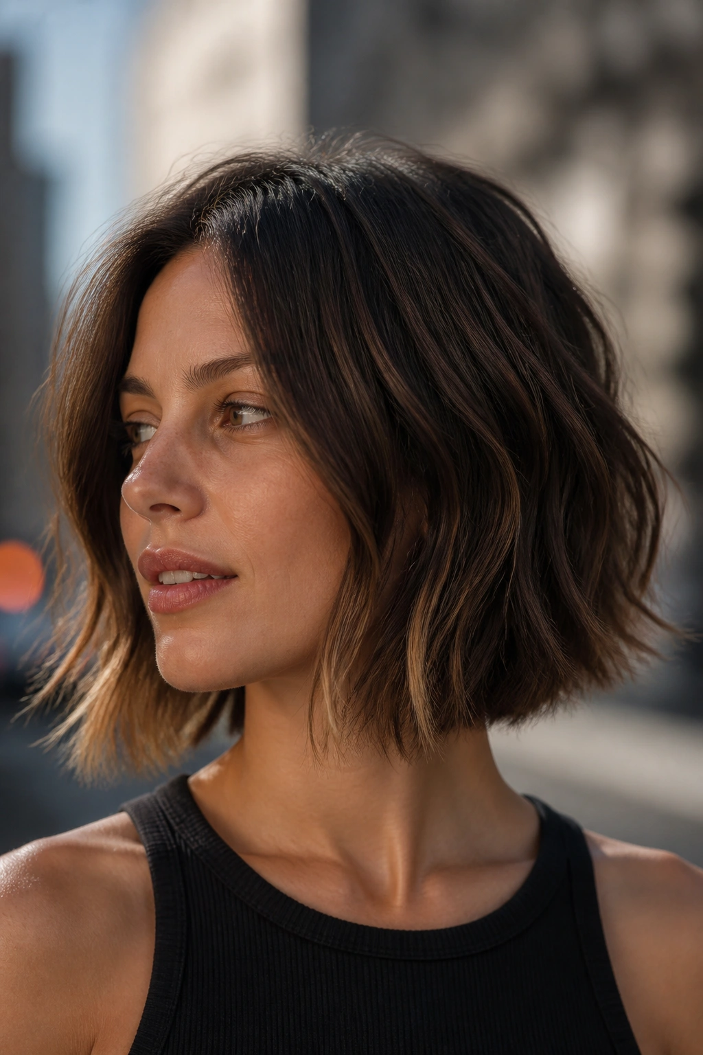 Close-up of a real woman with a choppy textured bob and light textured ends.