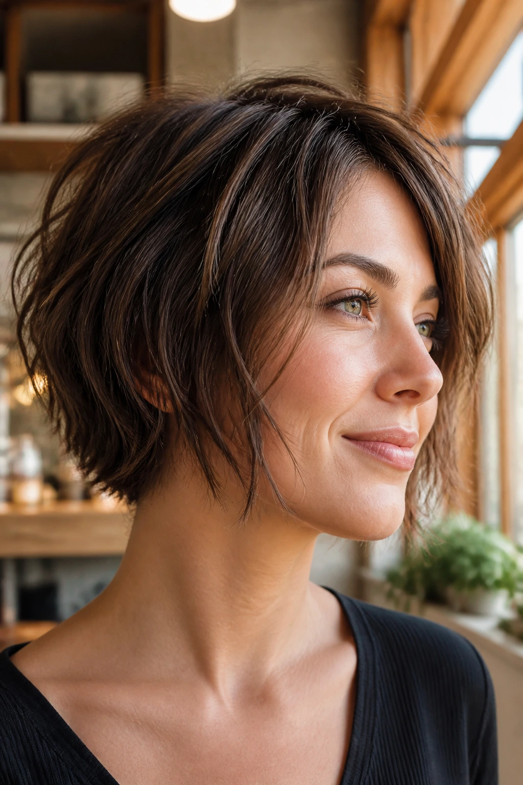 Close-up of a real woman with a choppy textured bob and piecey ends