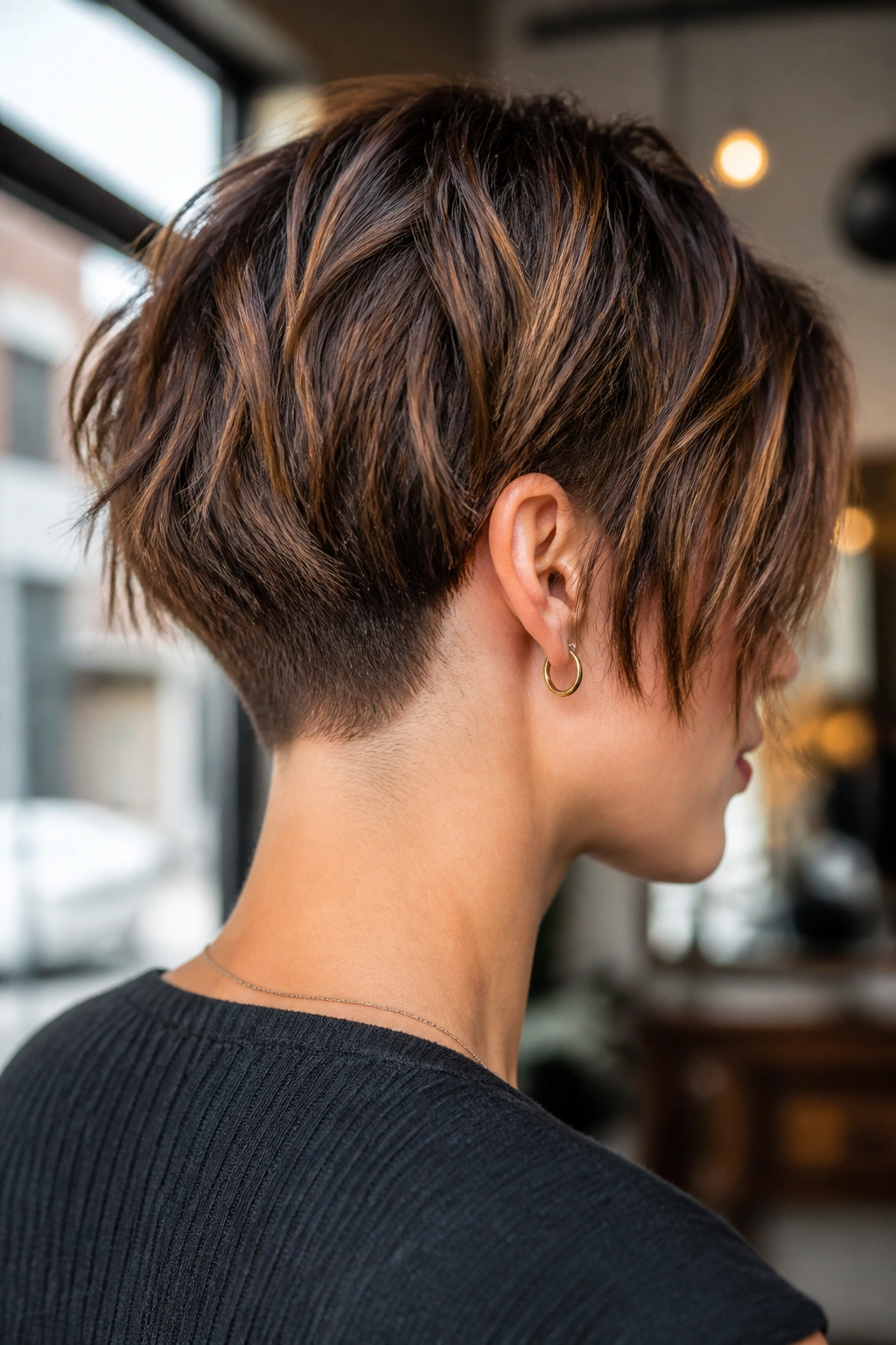 Close-up of a real woman's choppy bob with a nape undercut in a cozy salon.