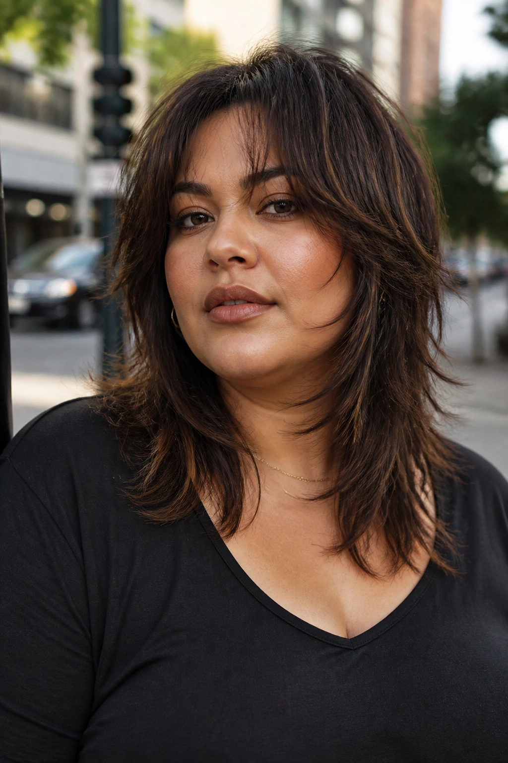 Real woman with a choppy butterfly cut and textured ends in urban daylight