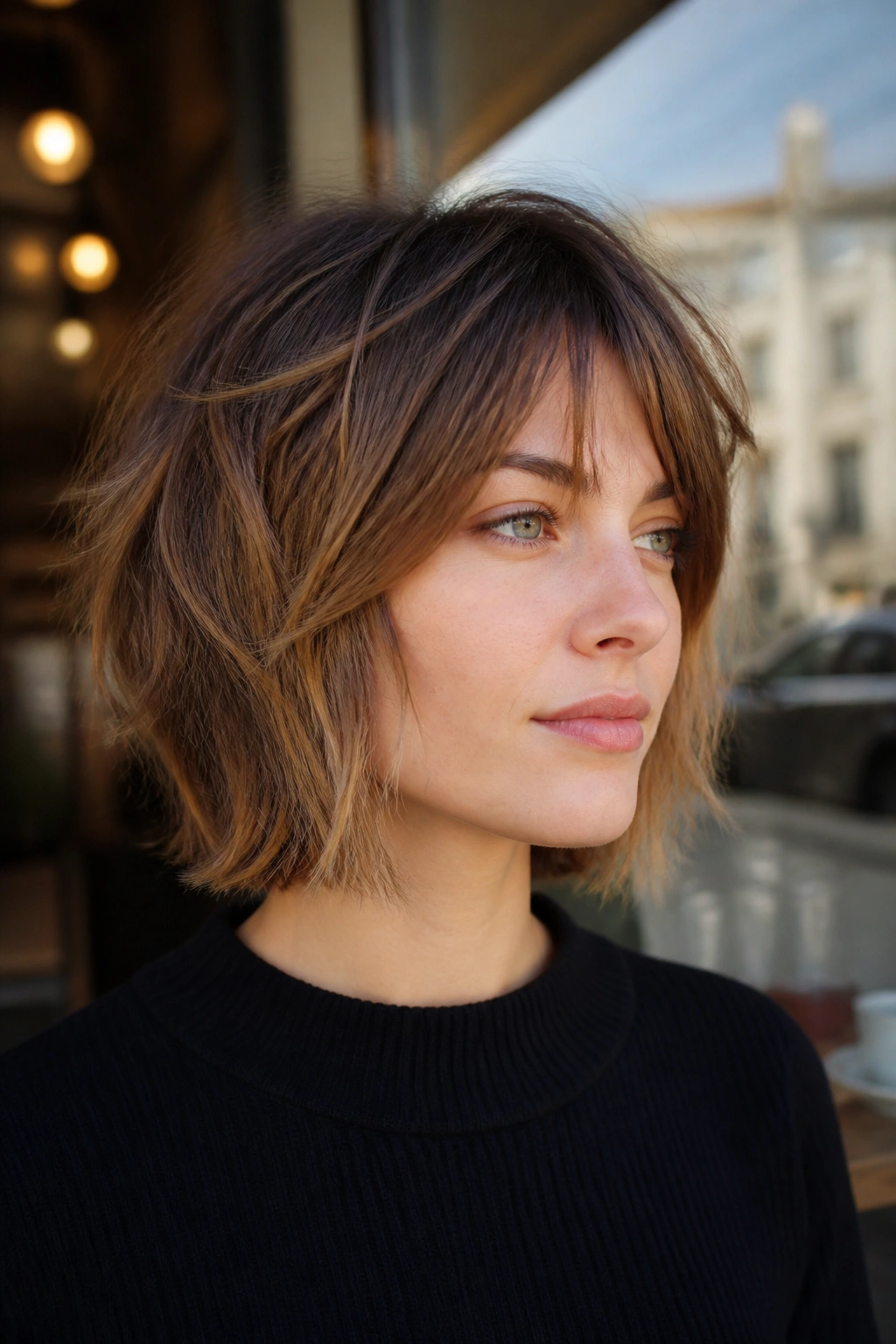 Portrait of woman with a choppy chin-length shag haircut.