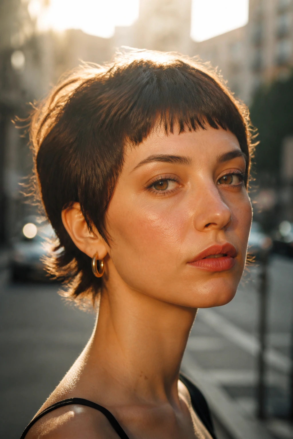 Close-up portrait of a real woman with a choppy crop and baby bangs in golden hour light