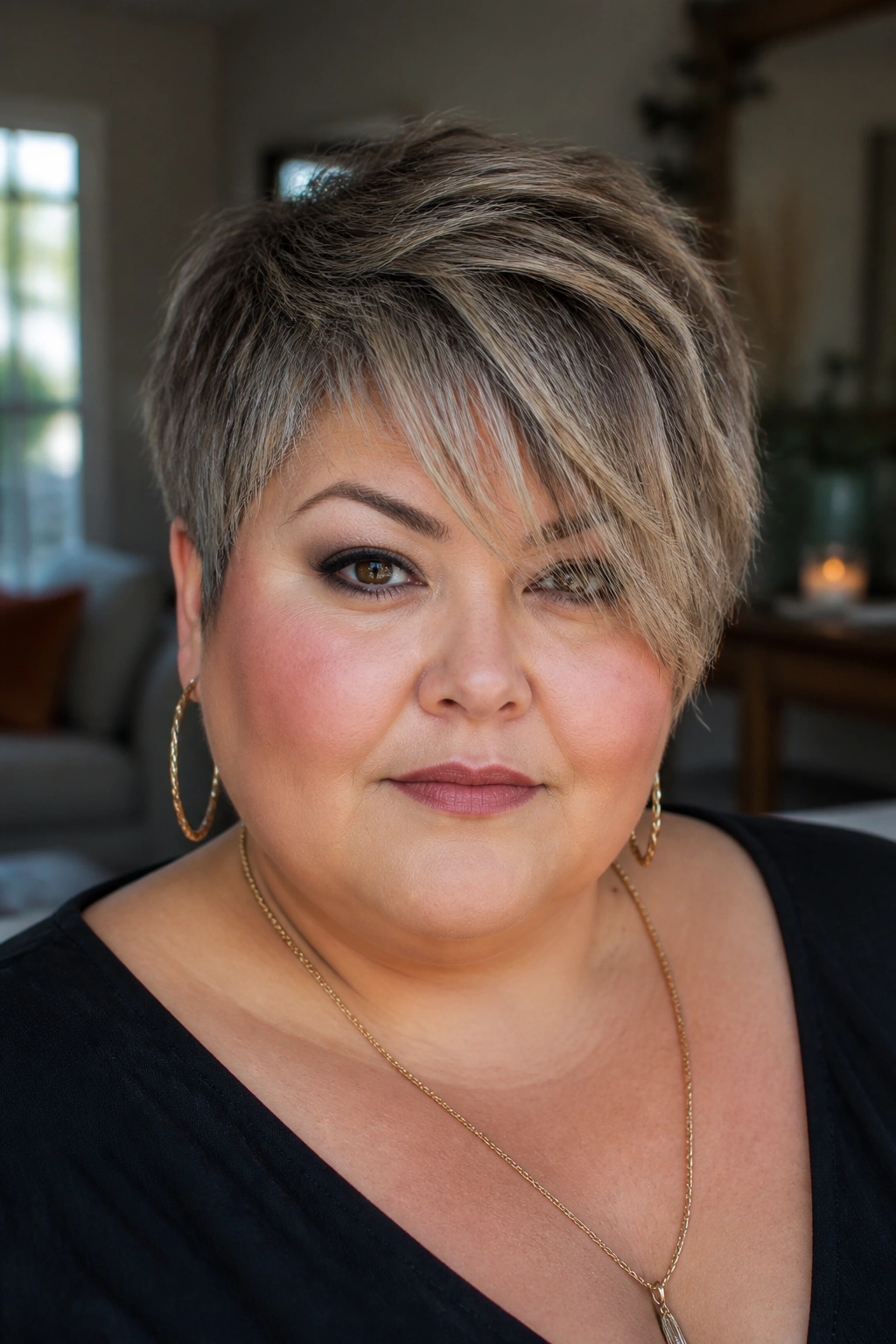 Close-up portrait of a real woman with a choppy crop and long fringe for plus-size hair.