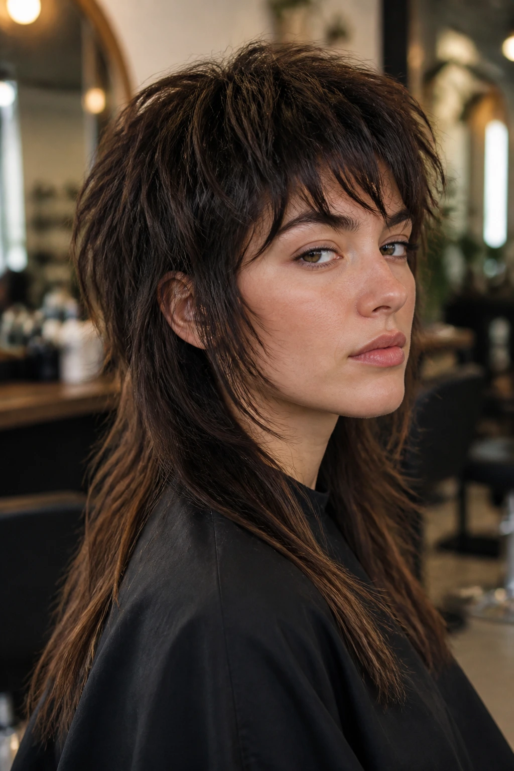 Close-up portrait of a real woman with a choppy crown mullet and long ends