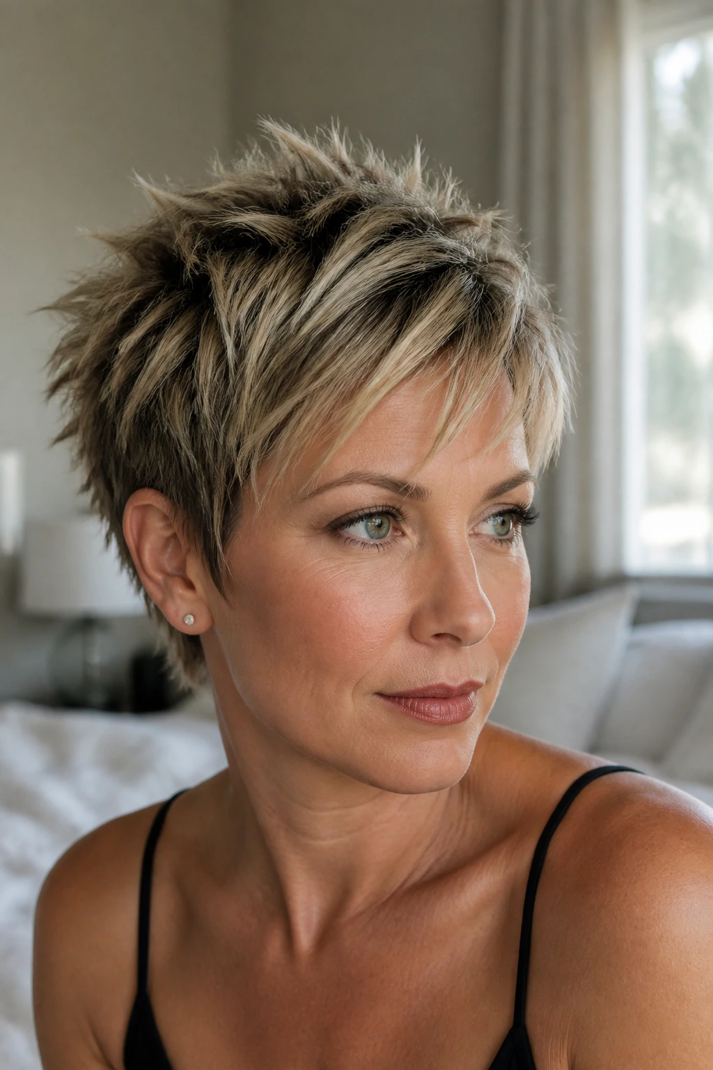 Close-up portrait of a real woman with a choppy crown pixie hairstyle