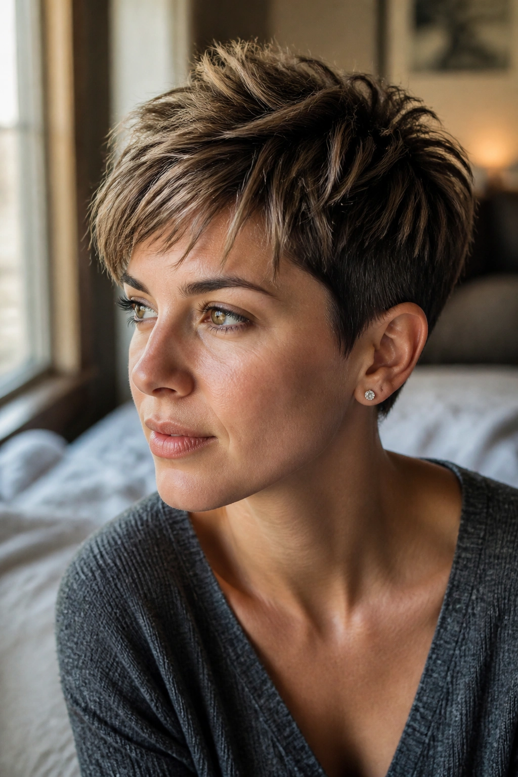 Close-up of a real woman with a choppy crown pixie showing textured crown and tight sides