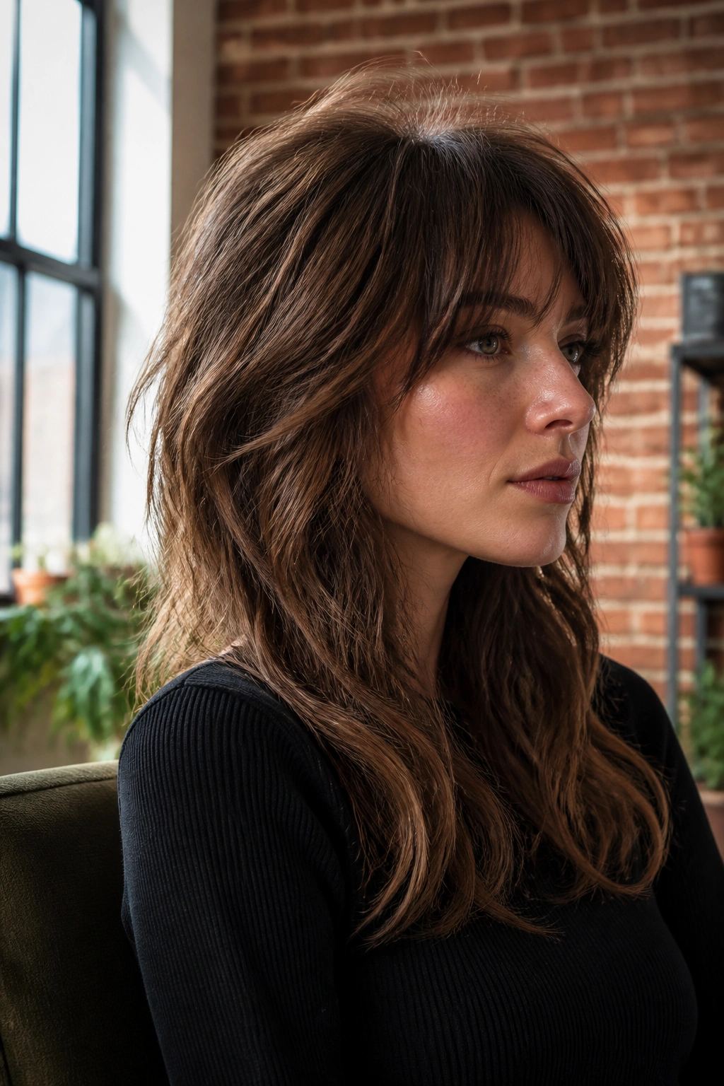 Portrait of a real person showing choppy crown shag with crown lift for flat roots
