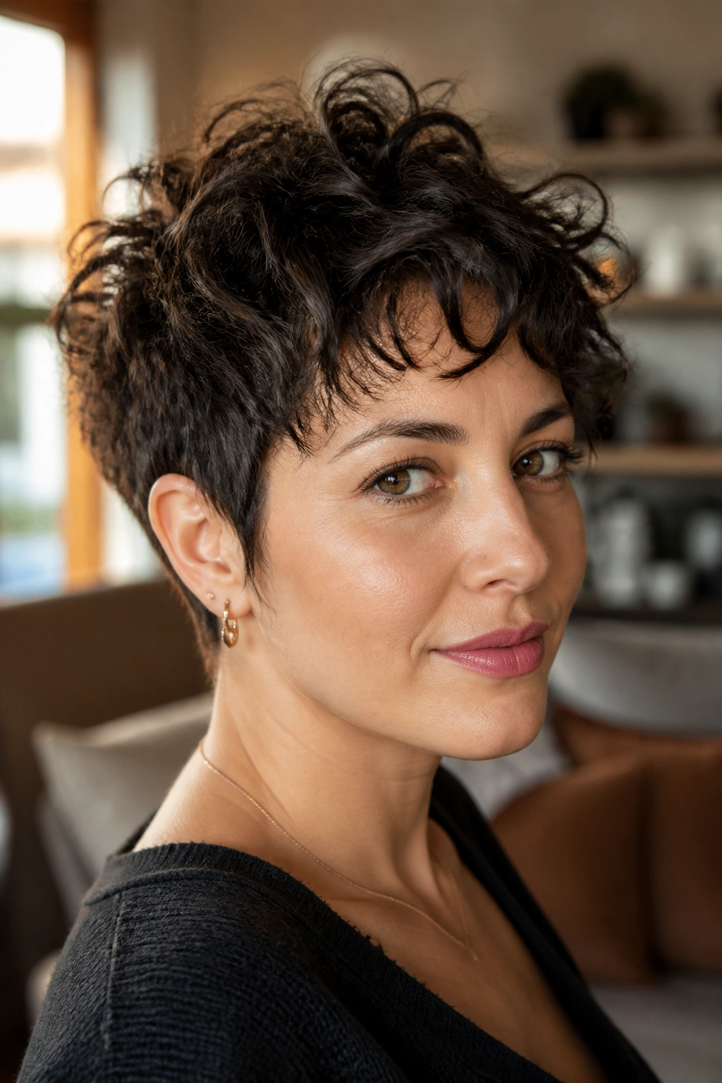 Close-up of a real woman with a choppy curly pixie and piecey ends in a warm living room