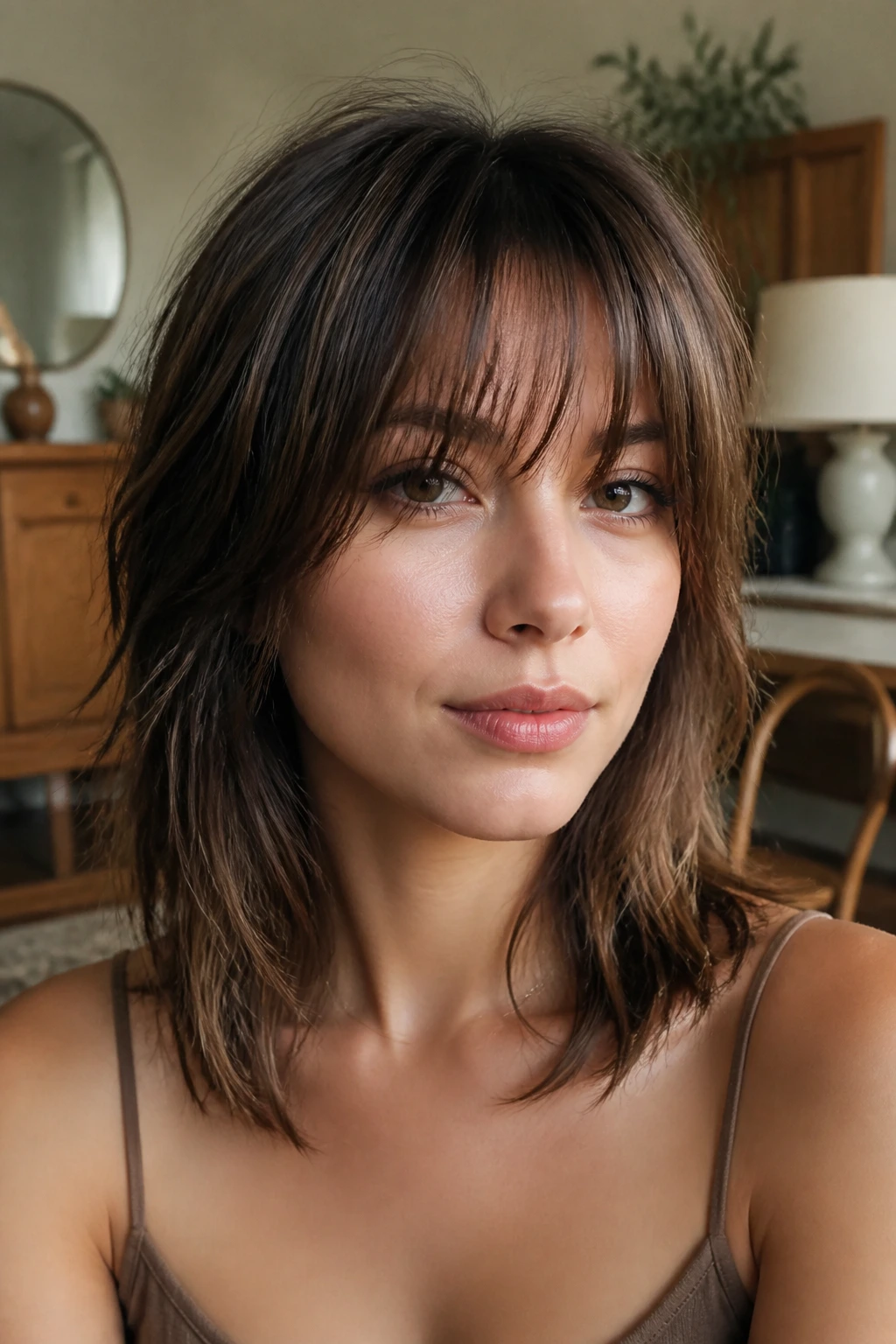 Real woman with choppy ends and airy fringe.