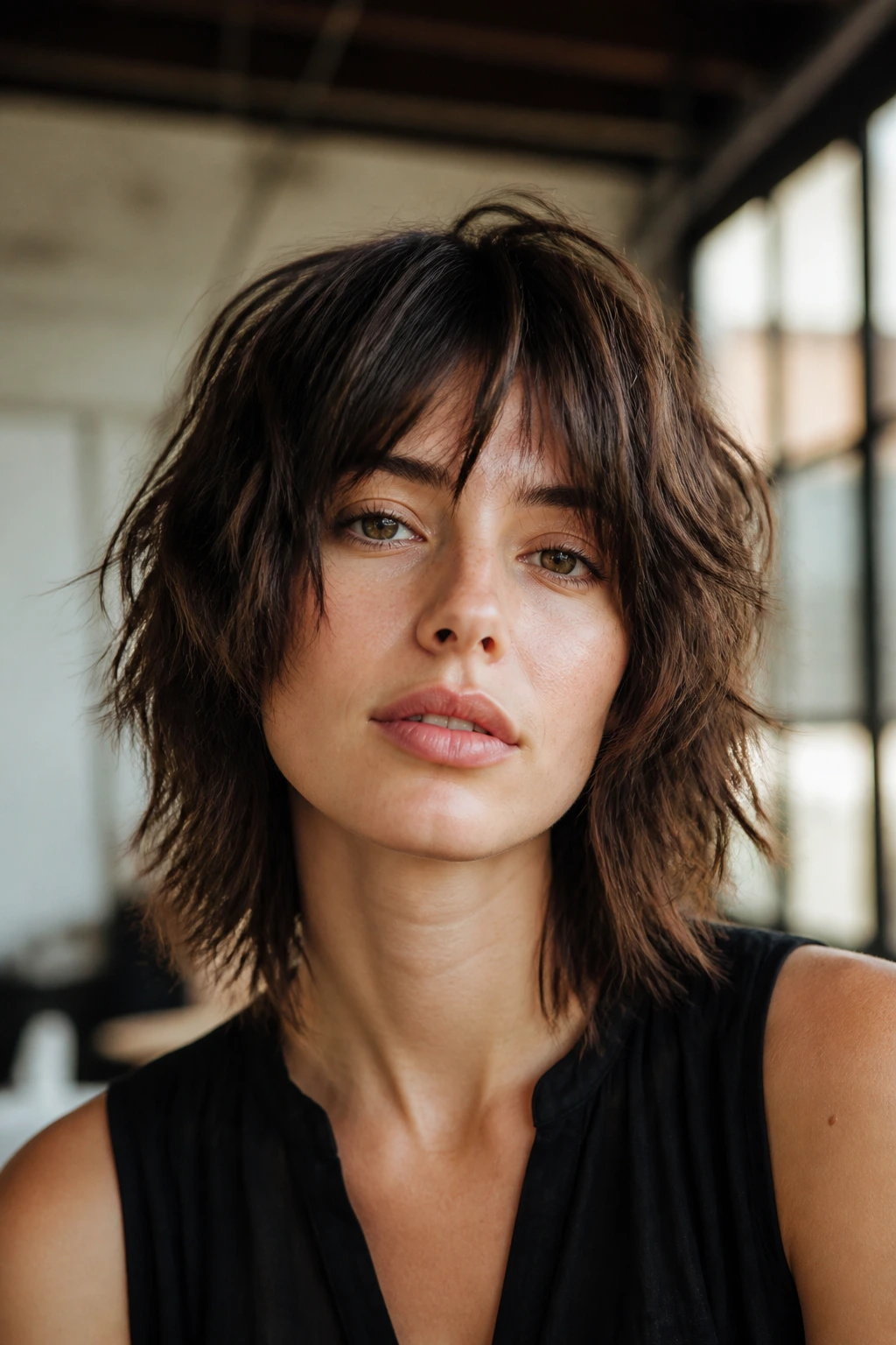 Close-up portrait of a real woman with choppy ends shag in an urban loft setting
