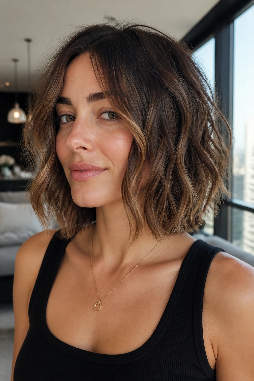Close-up of a real woman with choppy face-framing lob showing cheekbone pieces