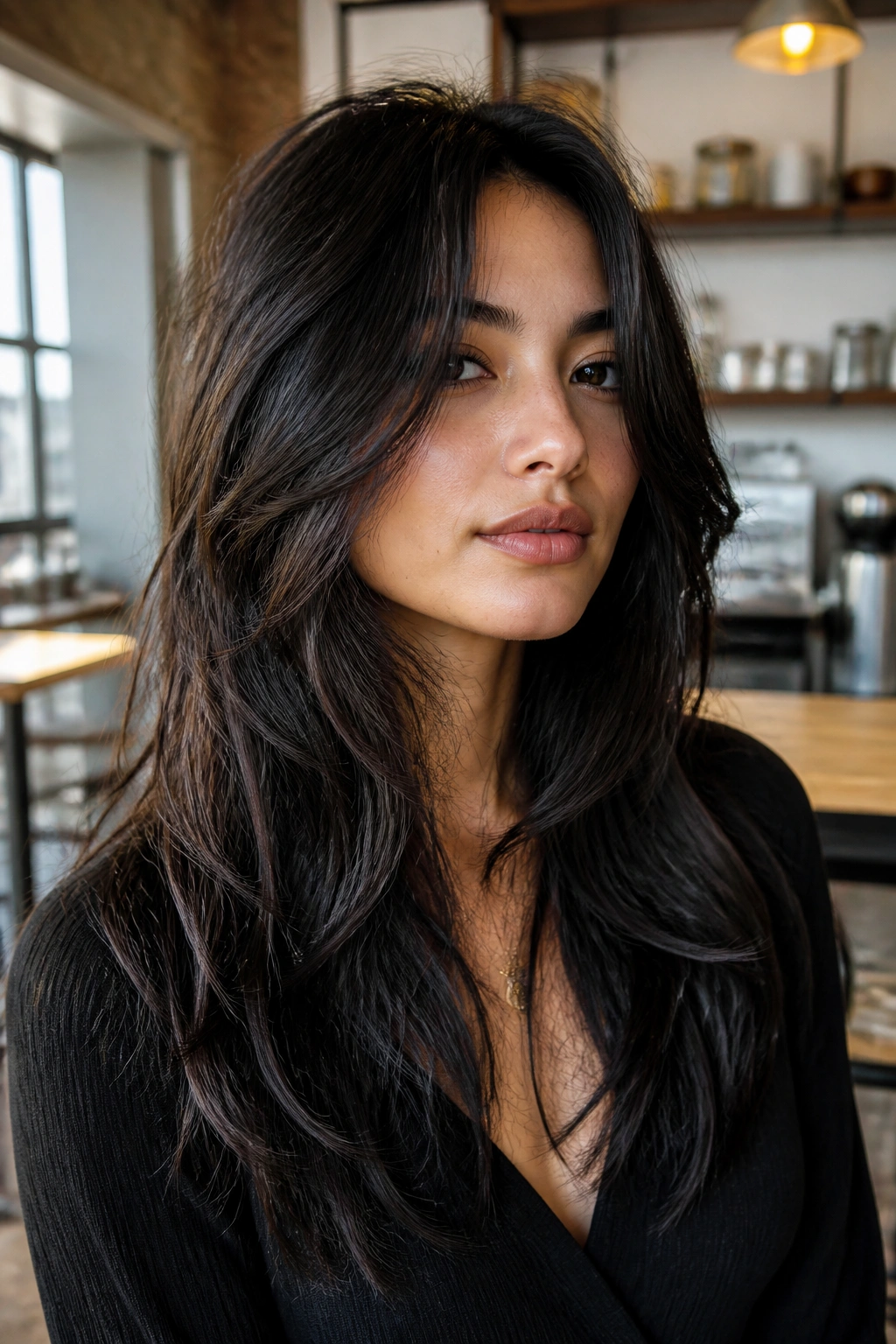 Close-up of a woman with thick hair and choppy face-framing layers.