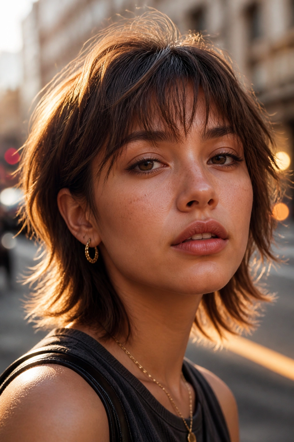 Close-up of a real woman with choppy feathered bangs showing texture