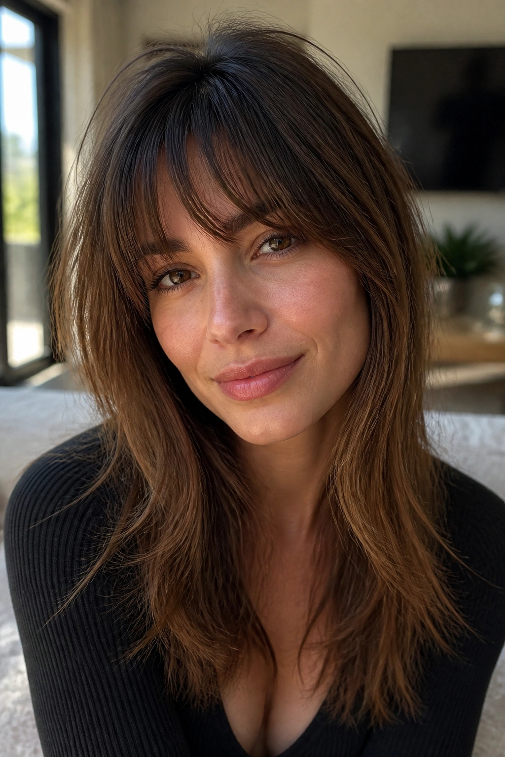 Close-up of a real woman with a choppy feathered fringe showing texture.