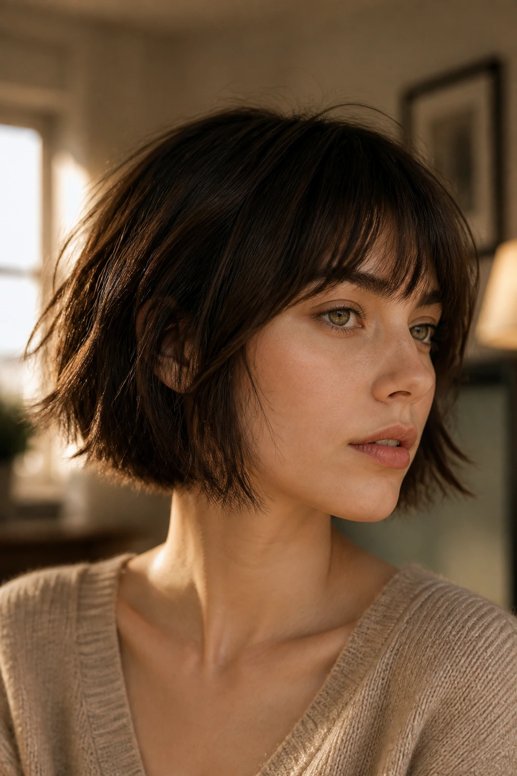 Close-up of a real woman with a chin-length choppy French bob and wispy fringe in warm window light