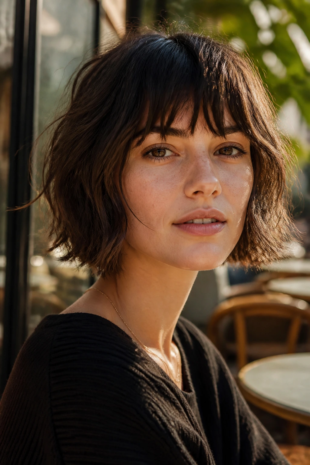 Close-up of a real woman with a choppy French bob and eyebrow-skimming bangs in a modern cafe