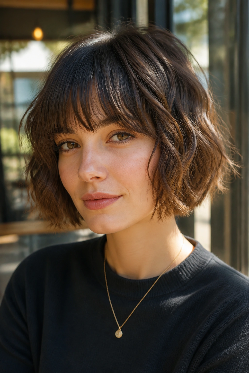 Close-up of real woman with jaw-length choppy French bob and soft fringe