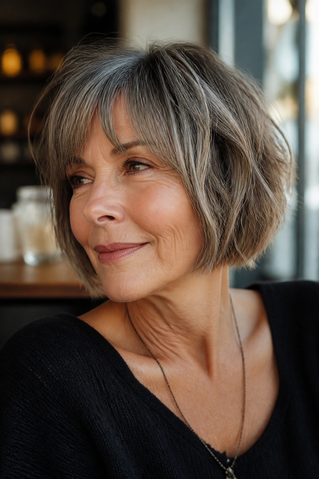 Portrait of a woman with a textured choppy French bob and piecey ends