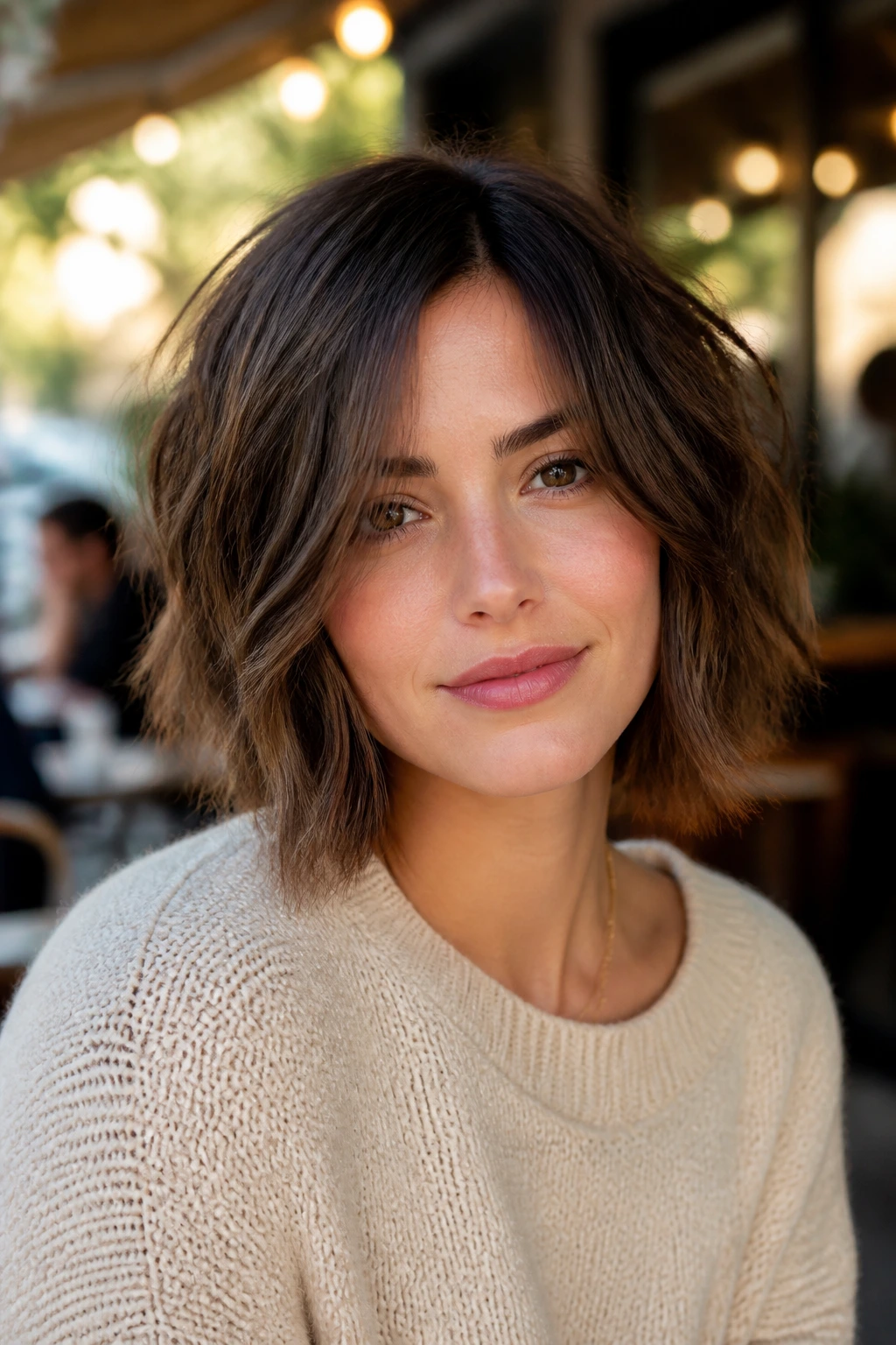 Close-up of a woman with a choppy French lob and airy texture.