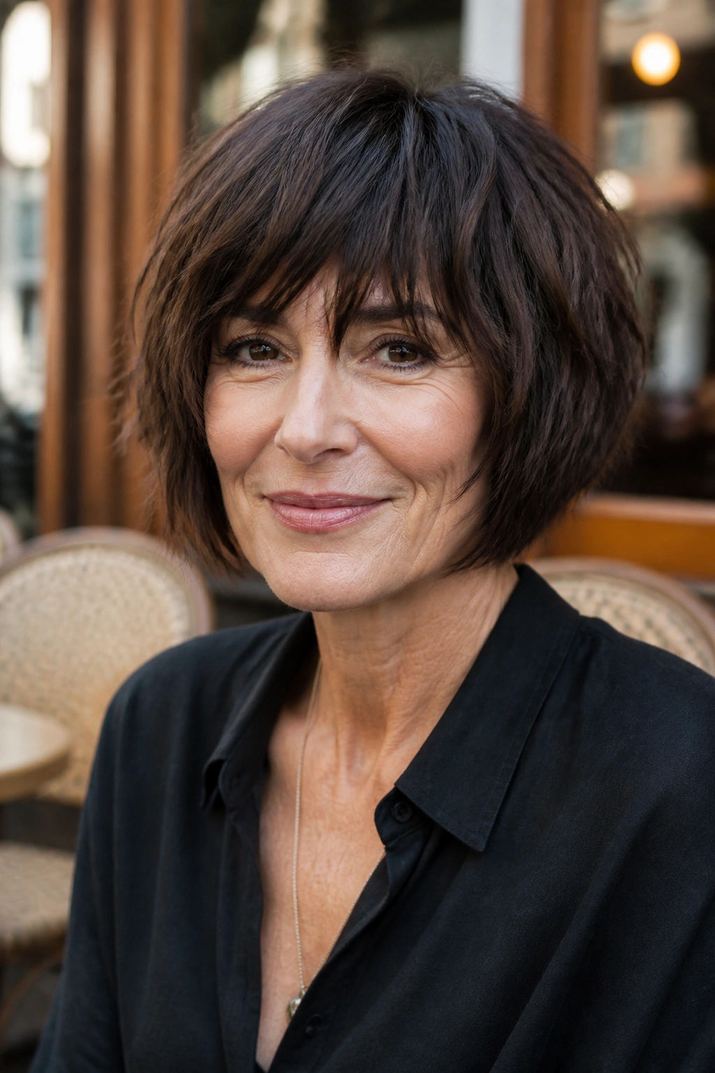 Real woman with jaw-length choppy French bob shag in daylight outside