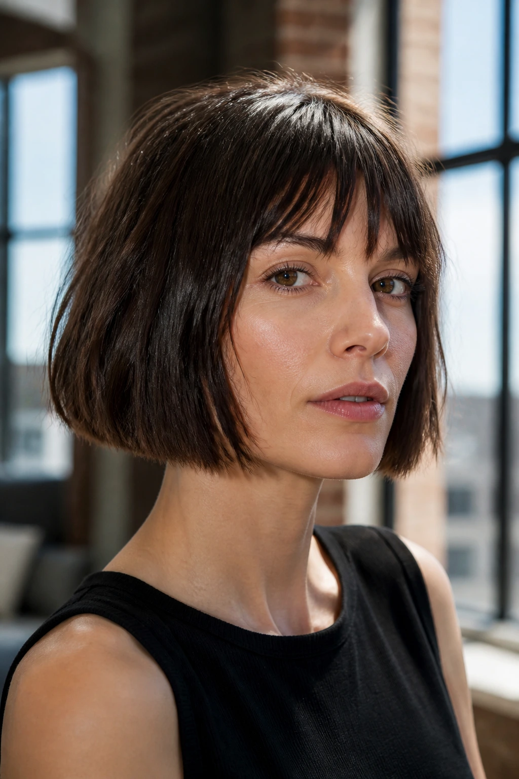 Close-up portrait of a real person with a choppy fringe blunt bob in an urban loft