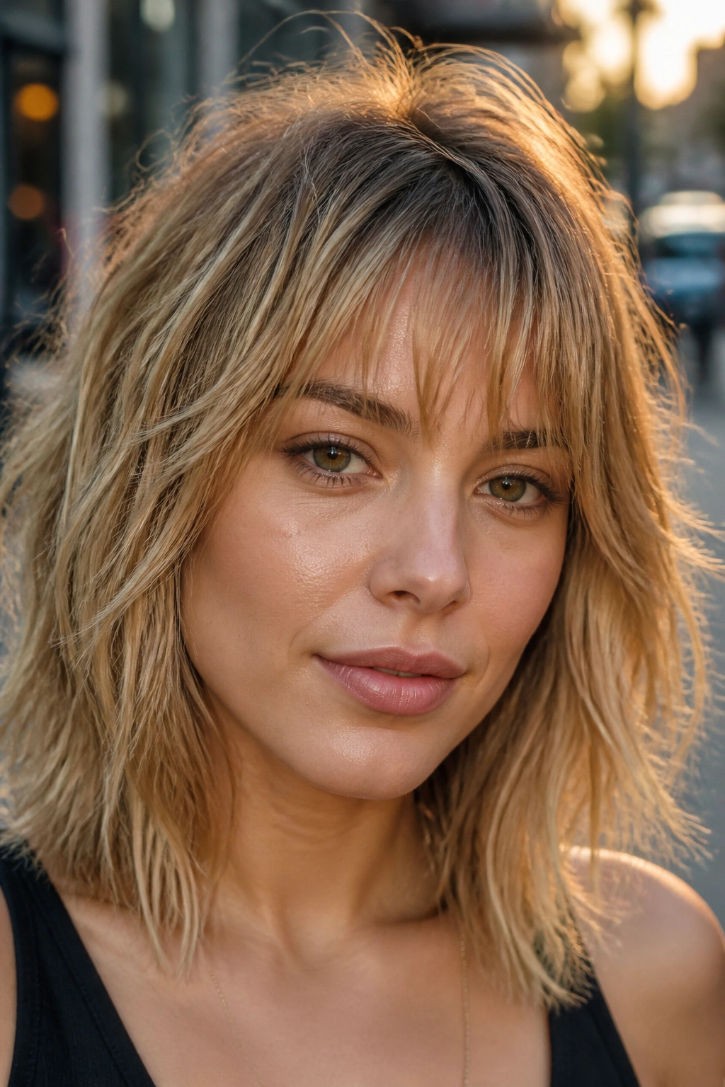 Real person with choppy textured fringe on a city street during golden hour