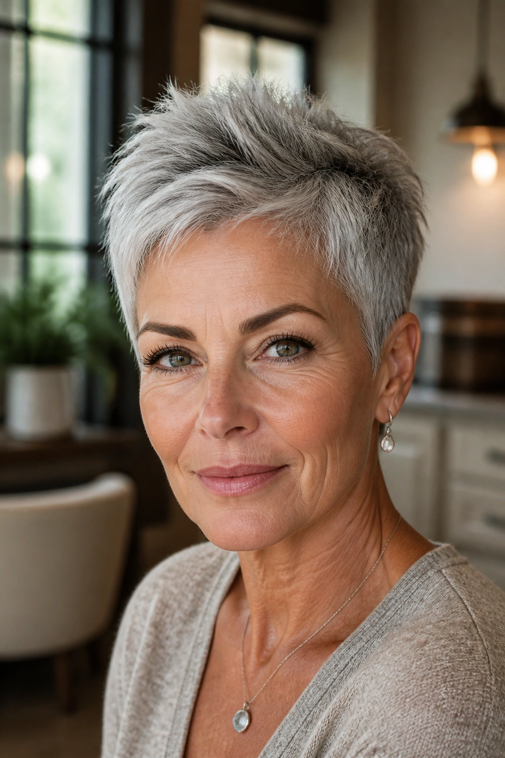 Close-up of a real woman with a short gray crop and crown lift, indoors by a window.