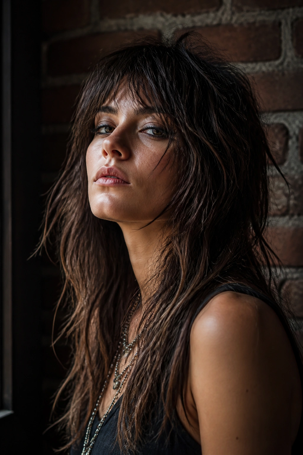 Close-up portrait of a real woman with choppy grunge long shag and uneven ends.
