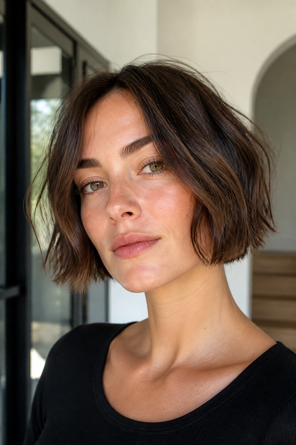 Close-up of a real woman with a choppy jaw-length bob in bright interior light.