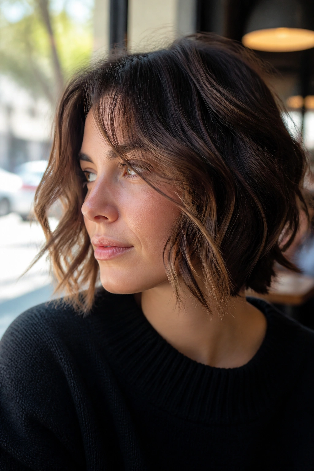 Real woman with choppy layered bob and face-framing pieces.