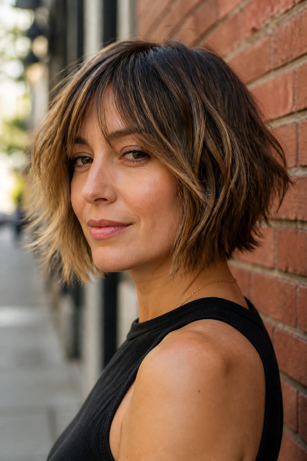 Real woman with choppy layered bob showing jagged ends.
