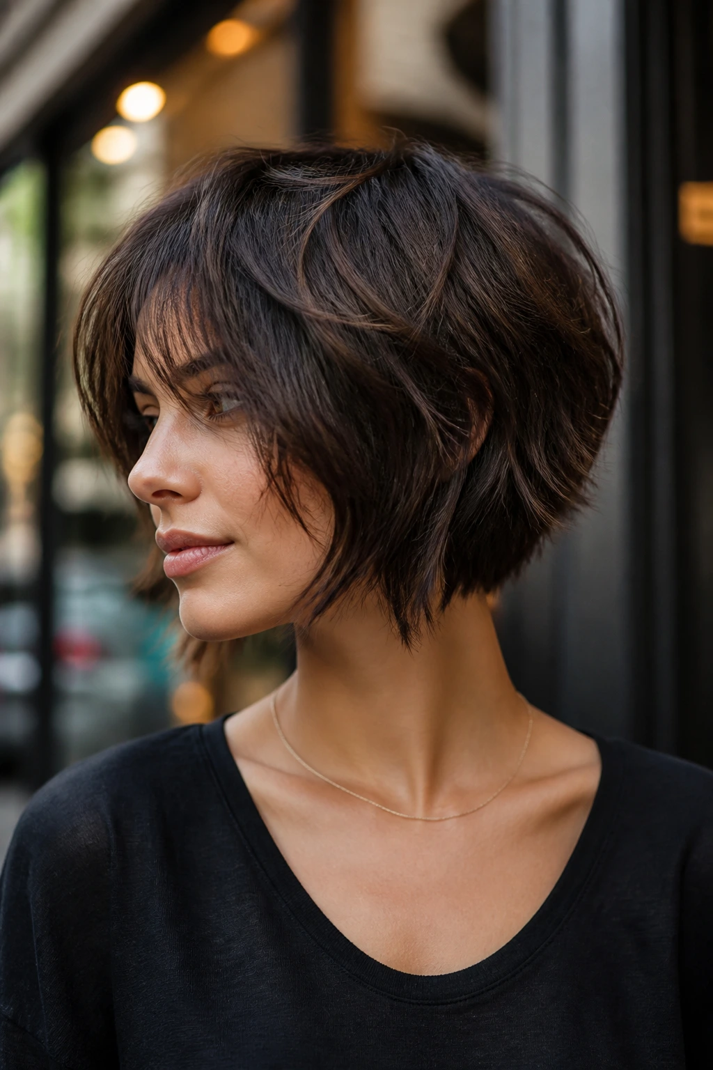 Close-up of a person with a choppy layered bob and textured ends