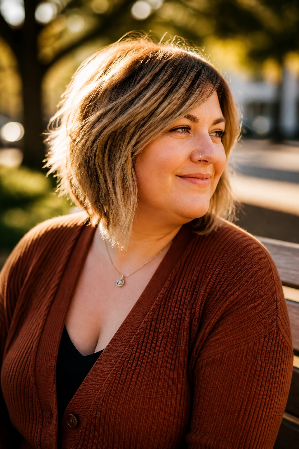 Real woman with choppy layered lob in golden hour outdoor light