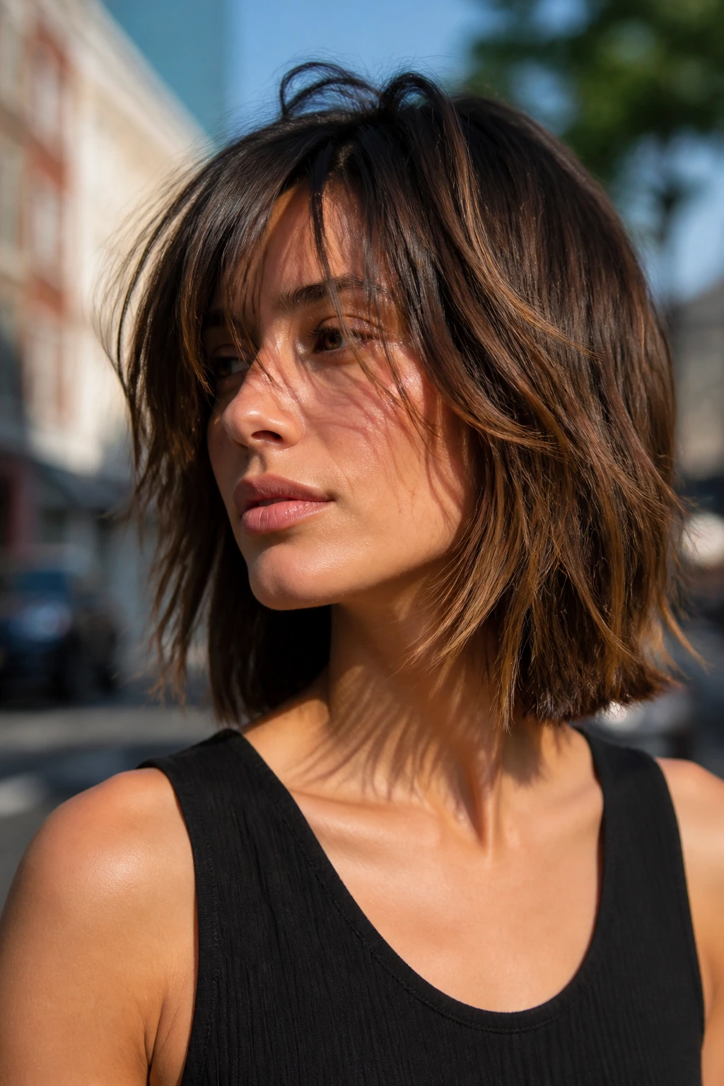 Close-up portrait of a real woman with a choppy layered lob hairstyle