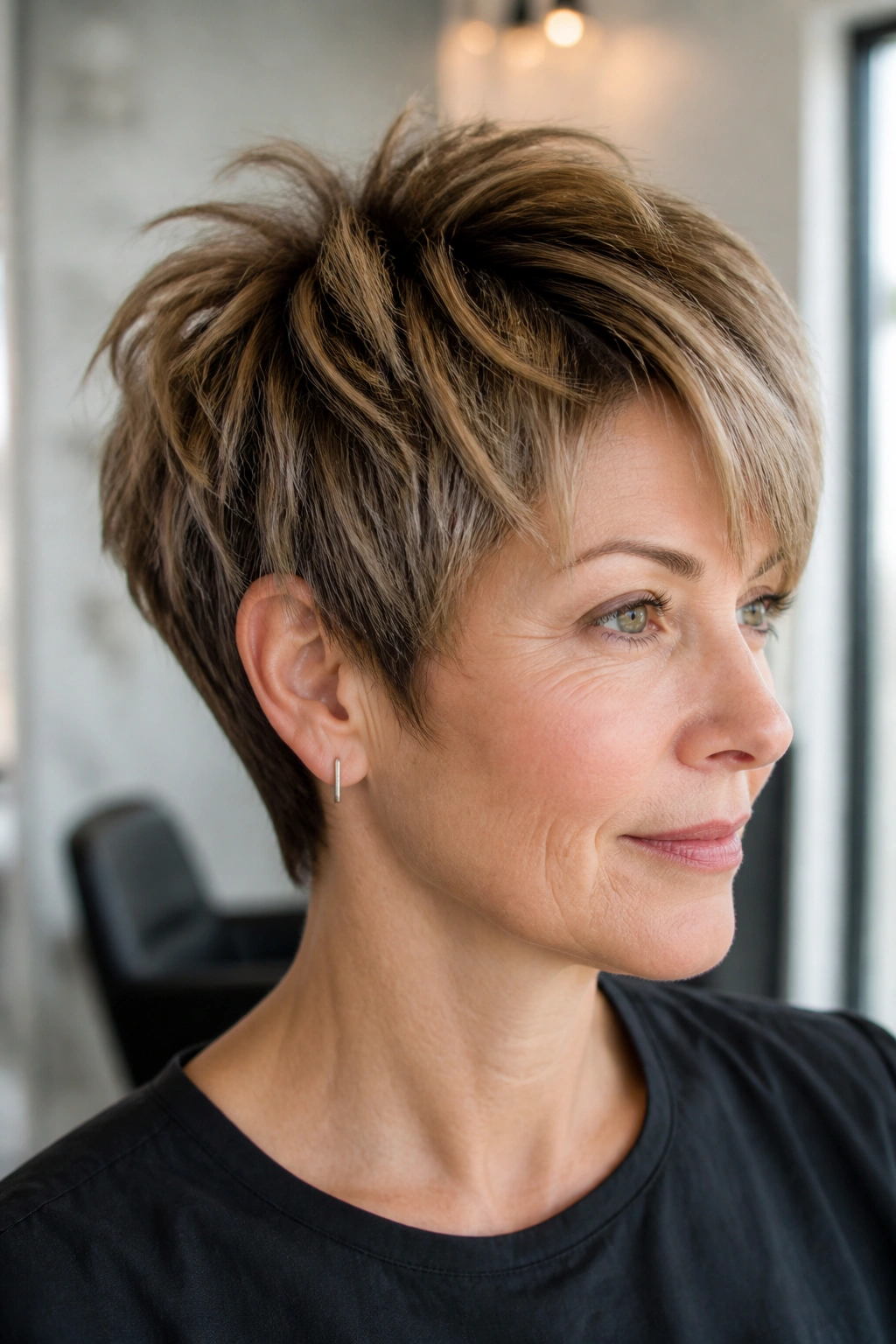 Close-up portrait of real woman with choppy layered long pixie crown lift in salon light