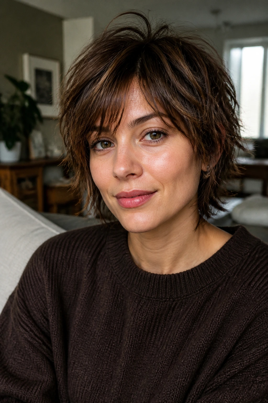 Close-up of a real person with choppy layered hair in a living room setting