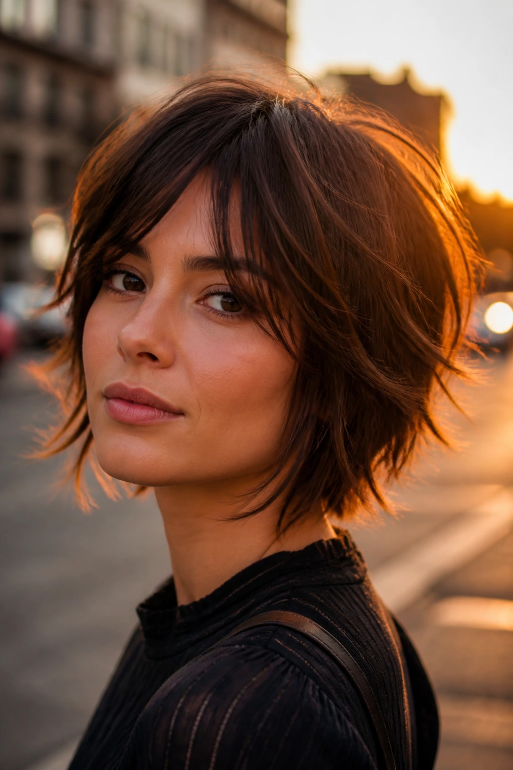 Close-up of a real woman with choppy layered cut and movement on urban street