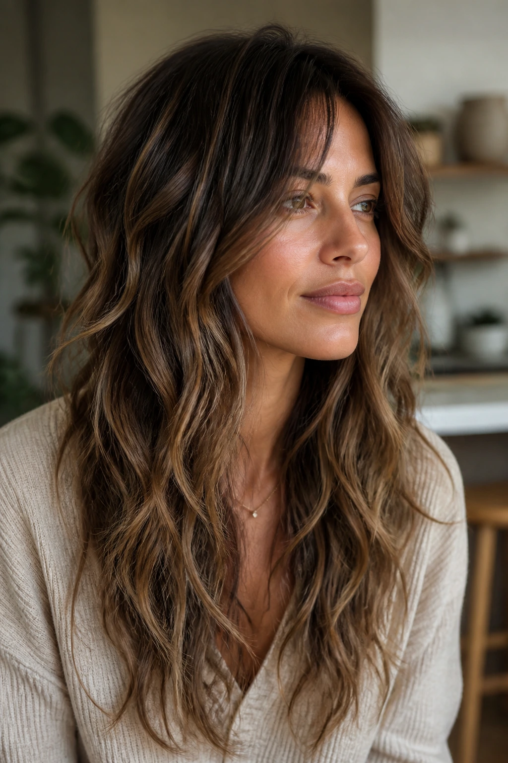 Real woman with choppy long layers adding texture to waves in a cozy home