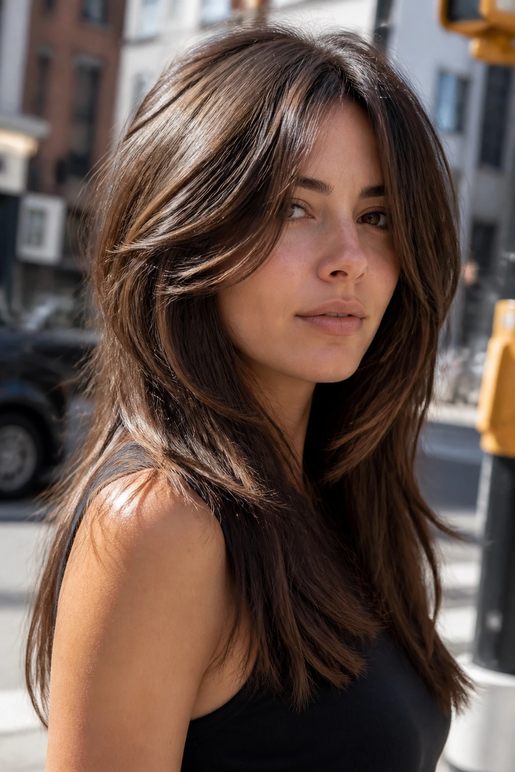 Portrait of a woman with choppy face-framing layers on thick hair