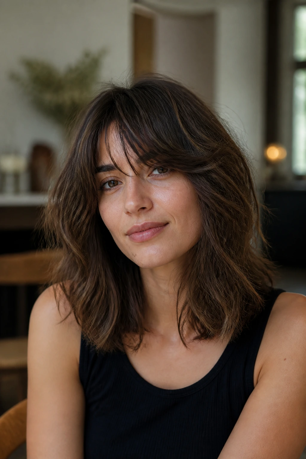 Medium close-up of thick shoulder-length hair with choppy mid-length layers
