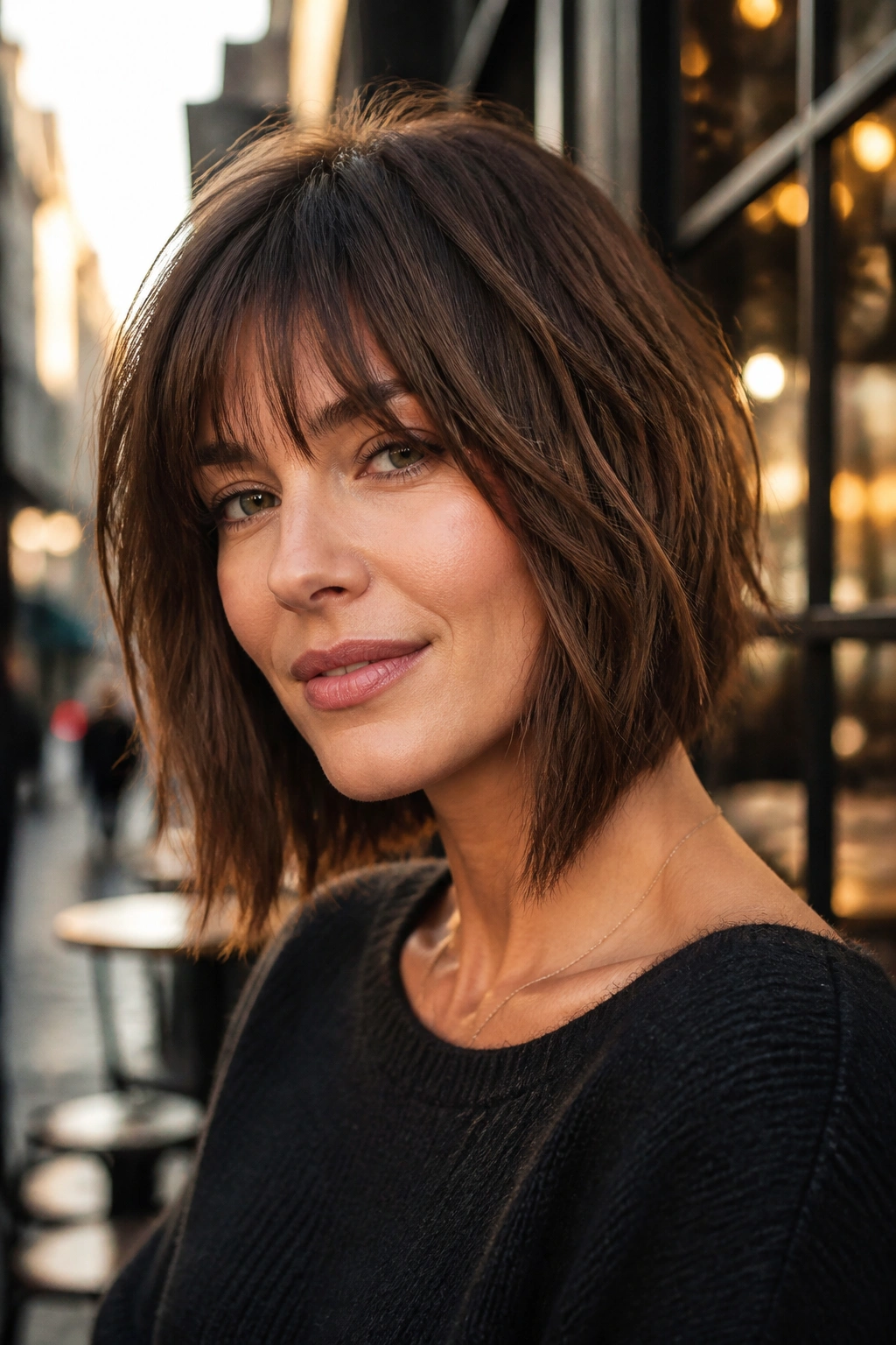 Close-up of a real woman with a choppy A-line lob and piecey bangs in city street cafe light
