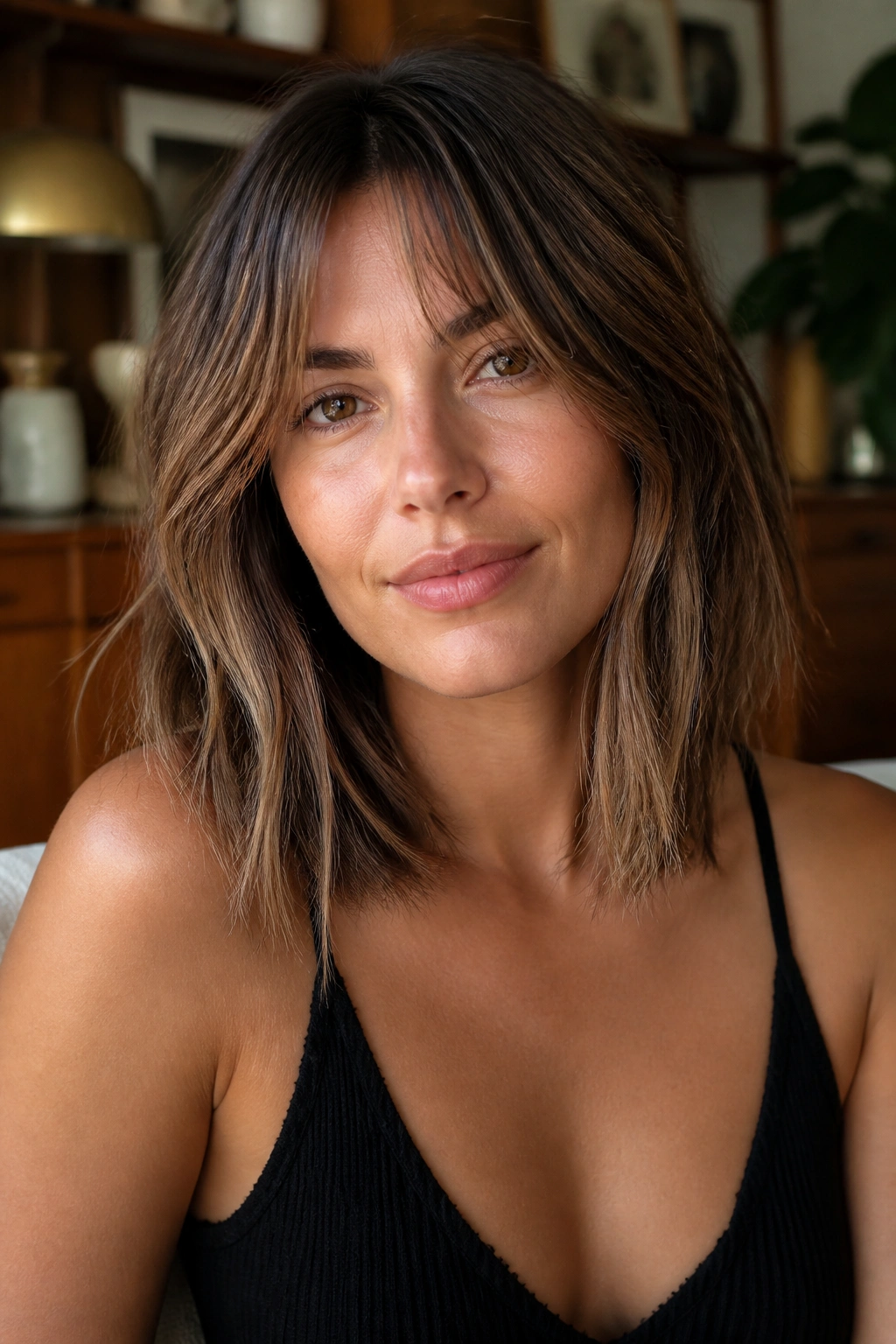 Close-up portrait of a real woman with a choppy long bob and piecey curtain bangs.