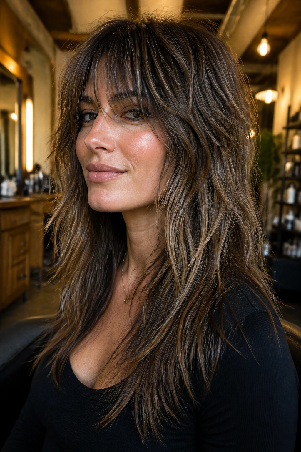 Real woman with choppy long shag featuring piecey ends close-up