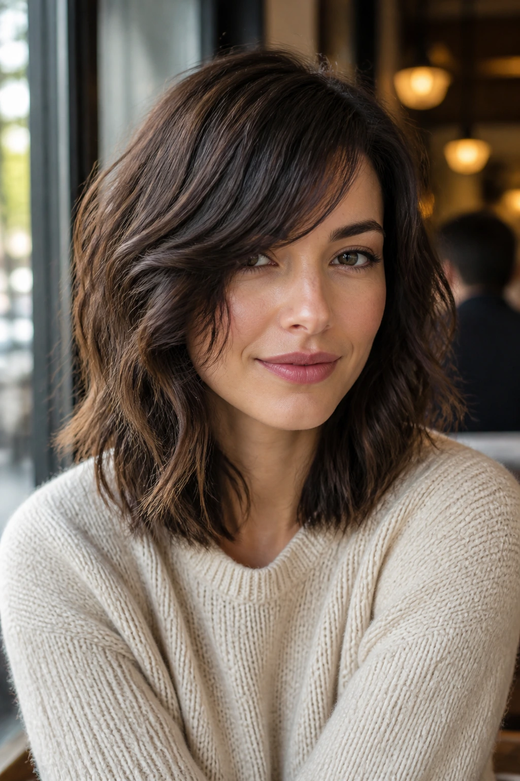 Close-up of real person with choppy midi cut and side fringe