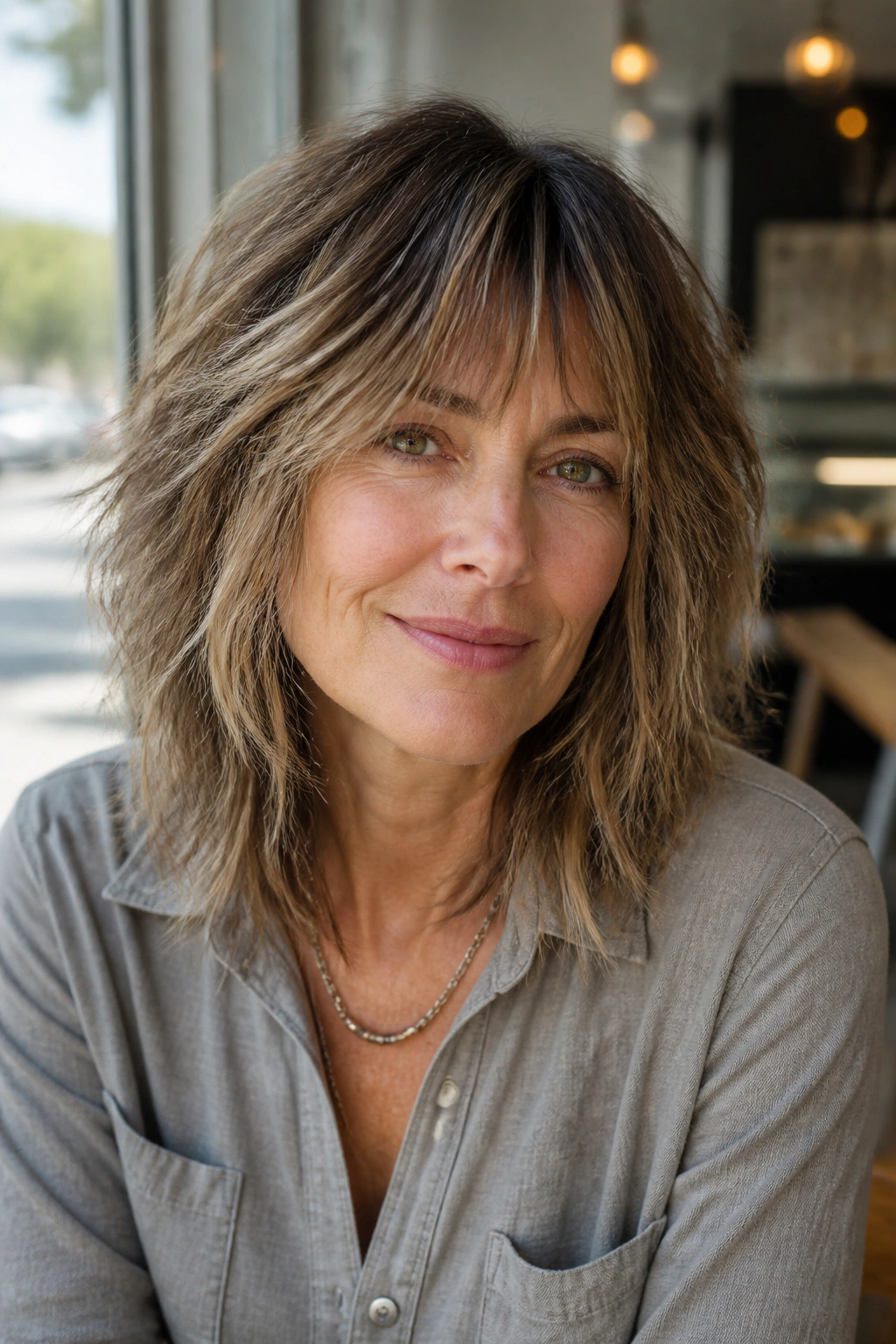 Close-up portrait of a real woman with a choppy midi shag