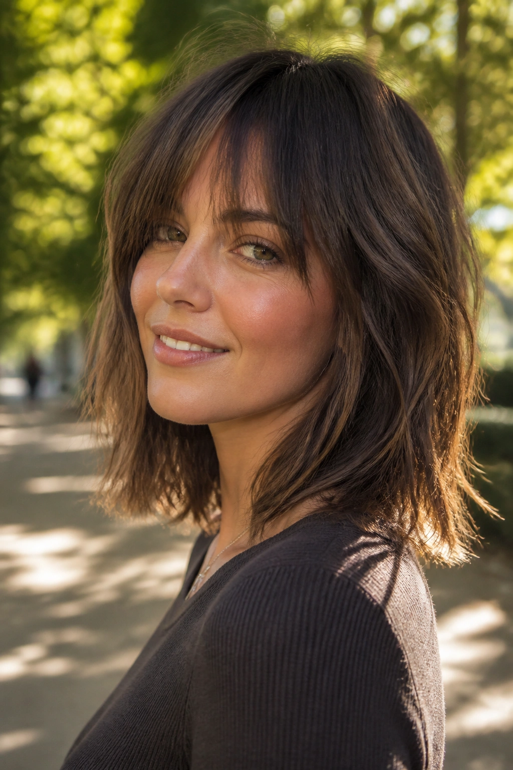 Close-up of a real woman with a midi-length straight haircut featuring soft, blended choppy texture.