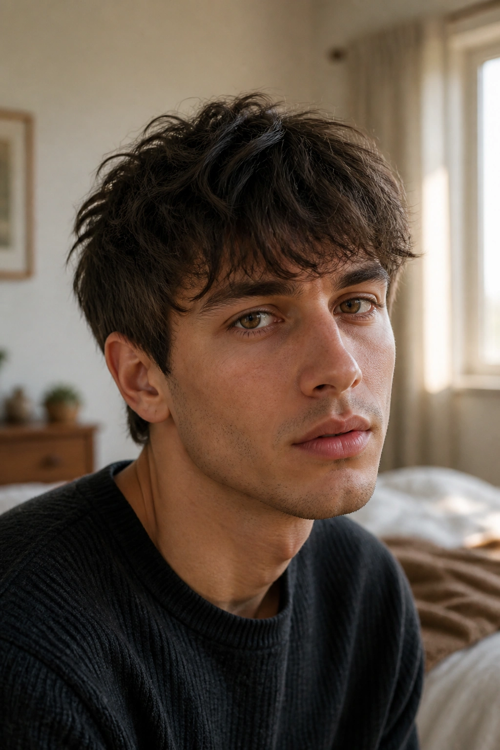 Close-up portrait of real person with choppy mop top crop in warm window light