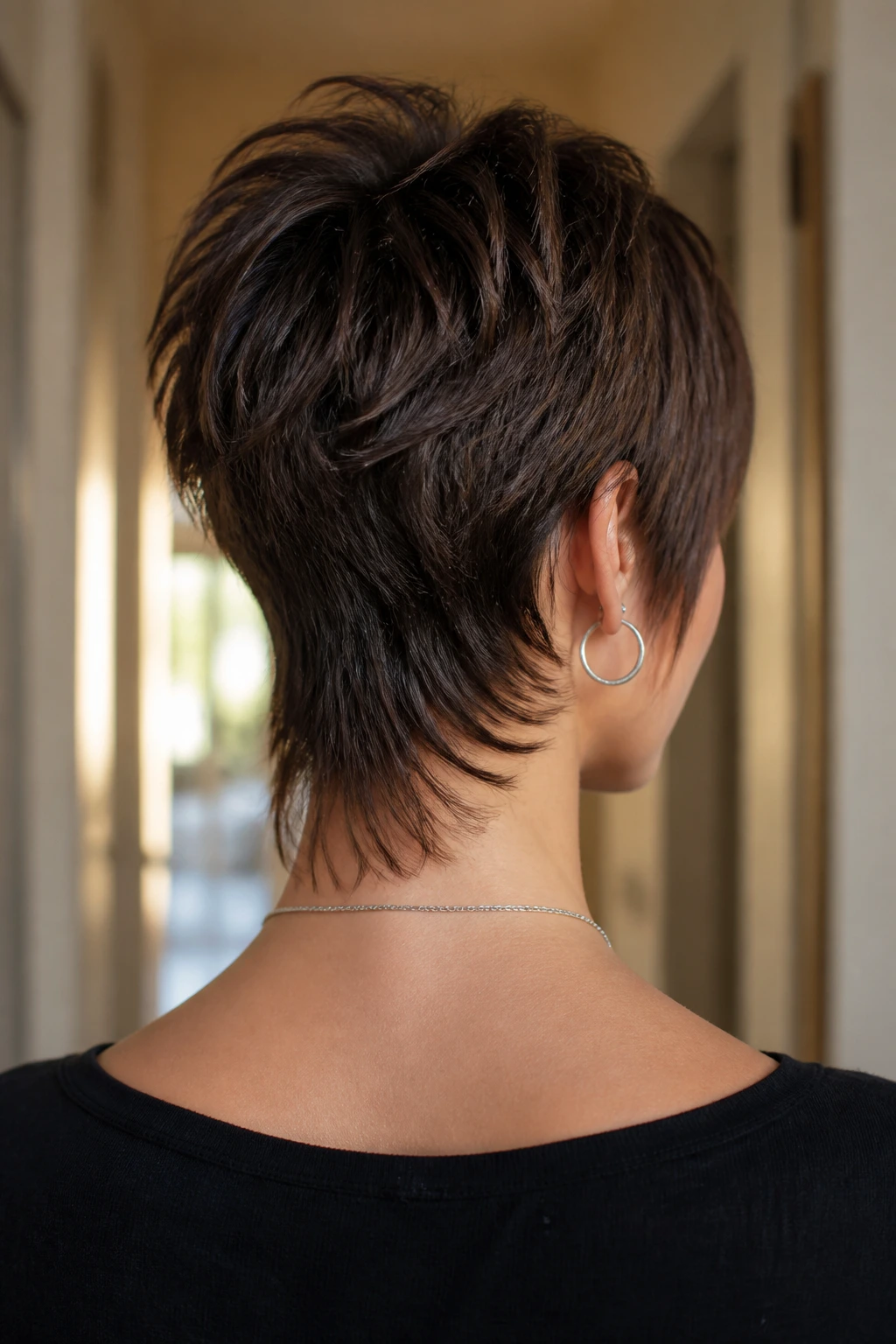 Back-of-head view of a real person with choppy nape-long pixie wolf cut