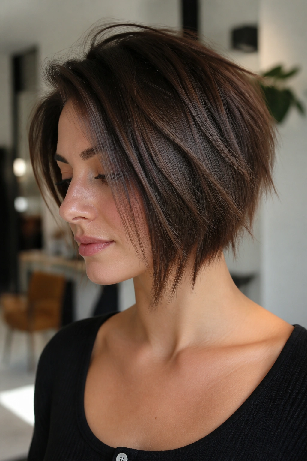 Close-up of a real person with a choppy piece-y bob in a stylish interior